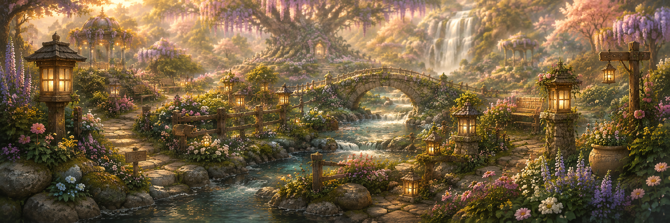 The near garden path, flowers, and stream banks